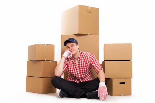 Office furniture and boxes prepared for a Bloomsbury business move