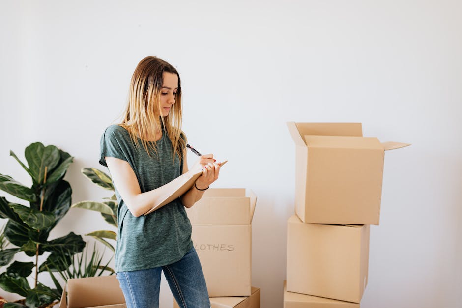 A young woman with long blonde hair, dressed in a casual green t-shirt and blue jeans, stands indoors next to several cardboard moving boxes in preparation for home relocation. She is holding a notepad and pen, making notes or an inventory checklist, as part of the packing and moving process. The boxes, some sealed and others open with flaps up, are positioned on the floor and a small stack nearby; they are made of brown corrugated cardboard, designed for storing household items during a house move. Behind her, a large green leafy houseplant adds a touch of decor to the plain white wall, creating a neutral, professional setting typical of a moving preparation environment. The scene suggests an organized approach to packing for a furniture transport or home relocation, with items likely collected for transport by a professional removals service such as Man With a Van Bloomsbury, operating in the Bloomsbury area. The natural lighting highlights the focus on the documentation process essential for efficient moving logistics and packing management.
